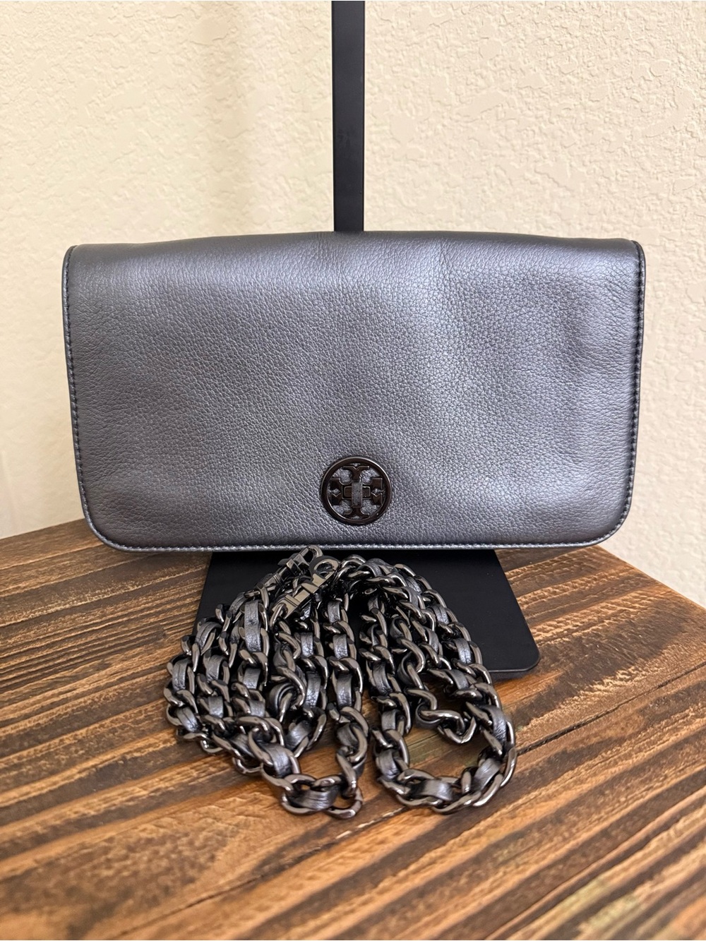 Tory Burch Metallic Gray Leather Chain Crossbody